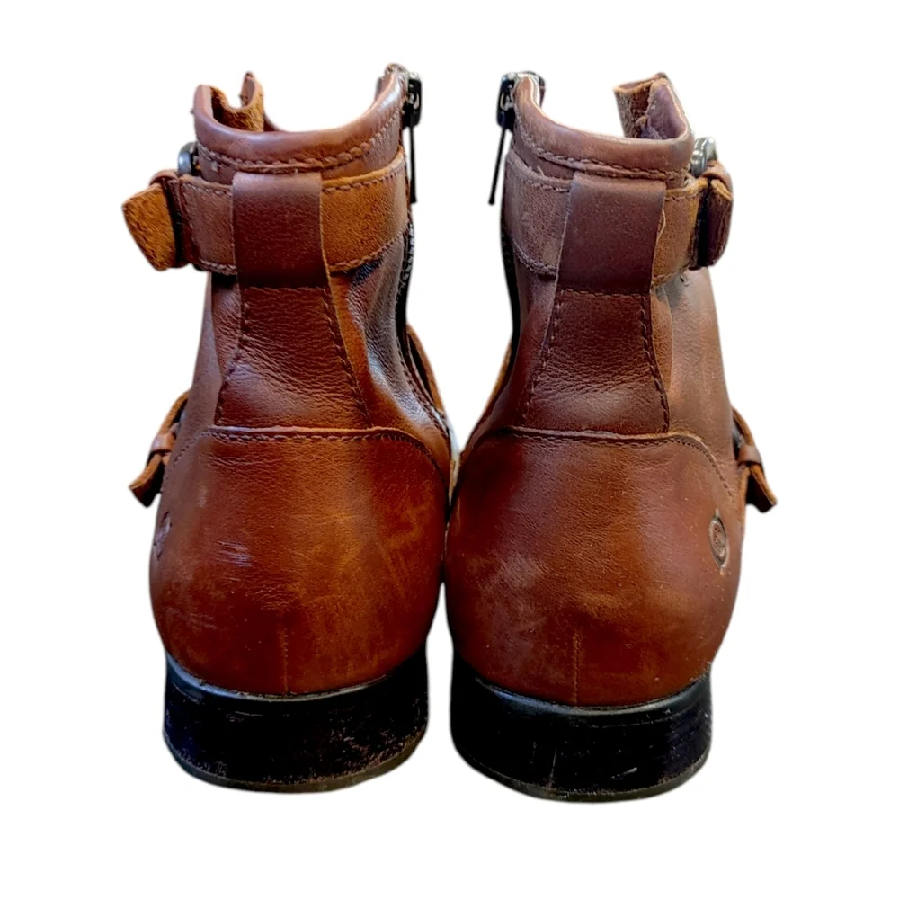 Born Brown Leather Buckle Slouchy Zip Up Ankle Boots Women's Size 8